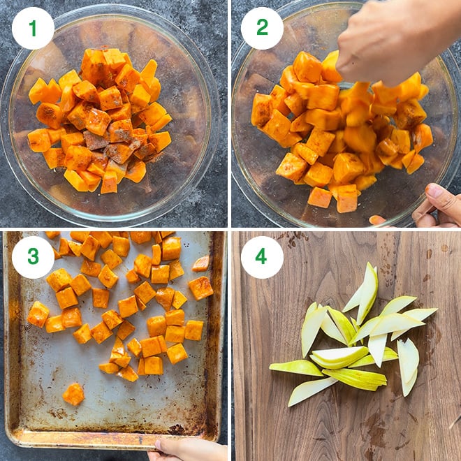 step by step picture collage of making butternut squash pear salad