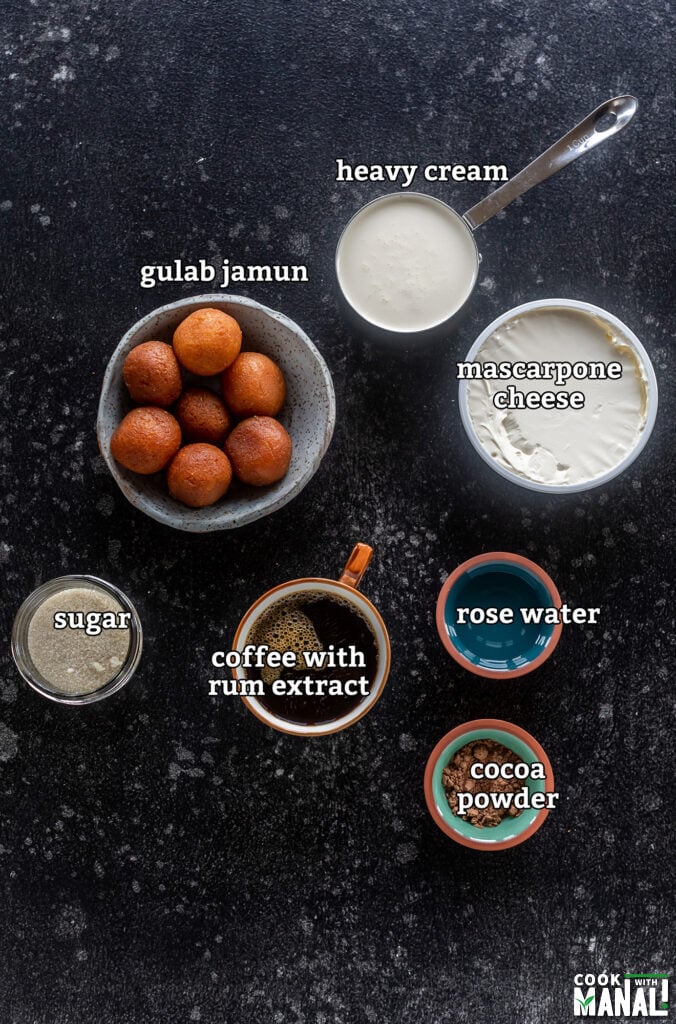 ingredients for making gulab jamun tiramisu arranged on board