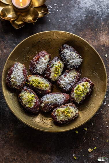 stuffed dates in a golden bowl