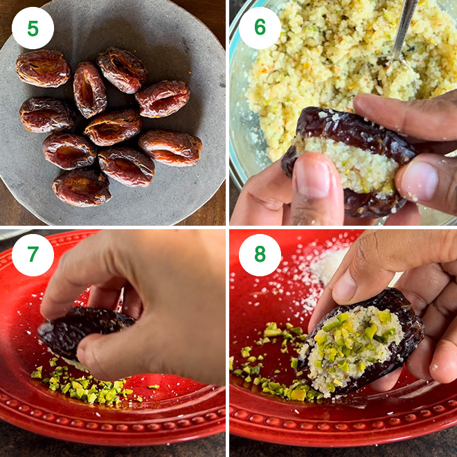 step by step picture collage of making mawa stuffed dates