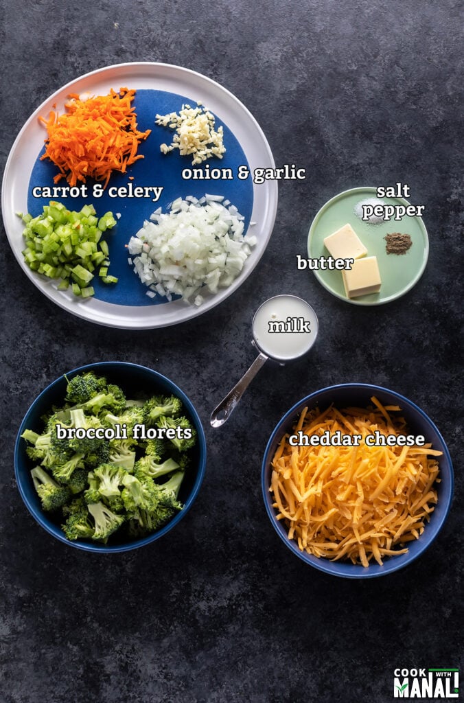 ingredients for broccoli cheddar soup arranged on a board