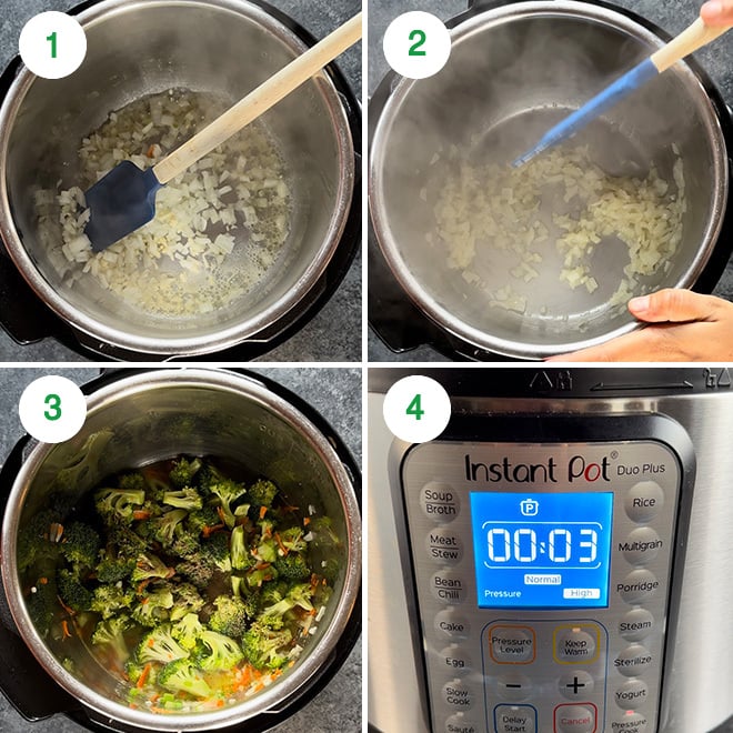 step by step picture collage of making broccoli cheddar soup in the instant pot