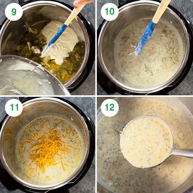 step by step picture collage of making broccoli cheddar soup in the instant pot