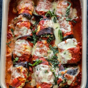 over head shot of paneer eggplant rolls