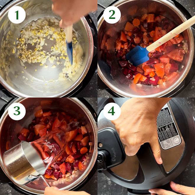 step by step picture collage of making tomato beetroot soup in the instant pot