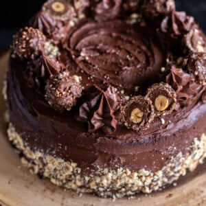 chocolate cake topped with ferrero rocher chocolate