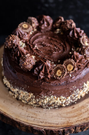 chocolate cake topped with ferrero rocher chocolate