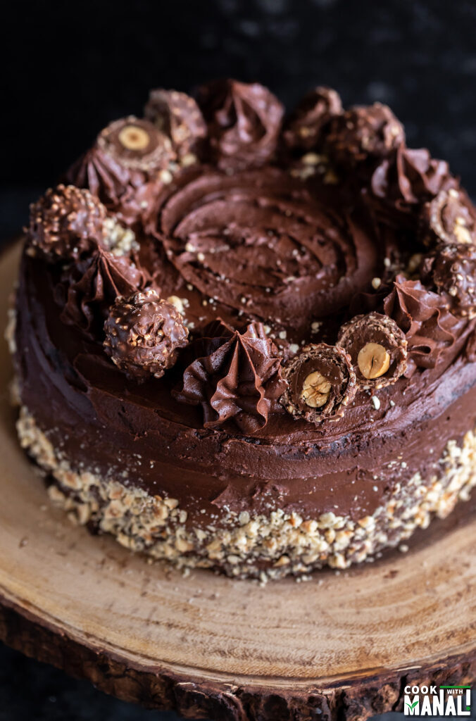 chocolate cake topped with ferrero rocher chocolate