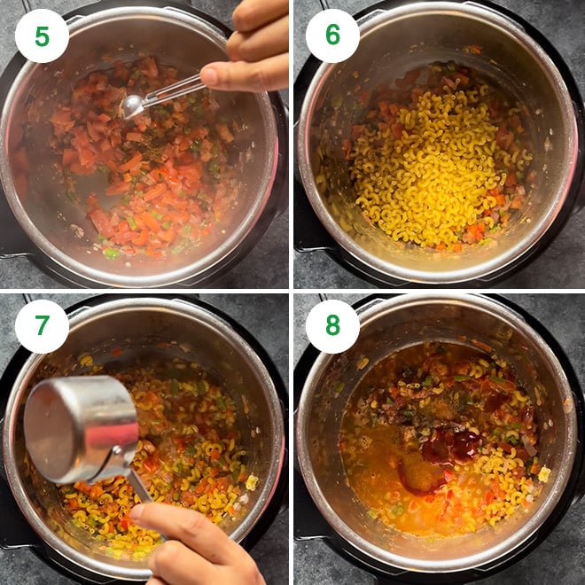 step by step picture collage of making masala macaroni in the instant pot