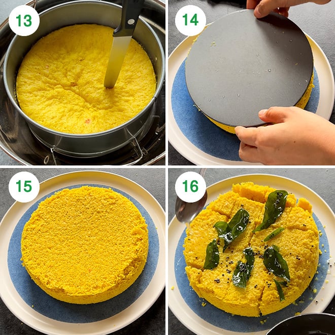 step by step picture collage of making khaman dhokla