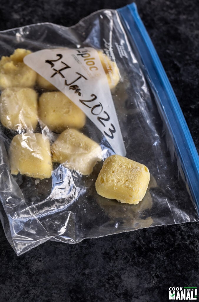 frozen ginger garlic paste cubes in a freezer bag