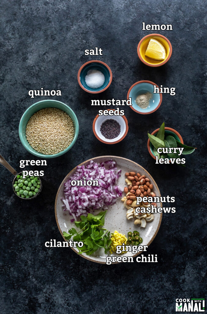 ingredients required to make quinoa upma arranged on a board