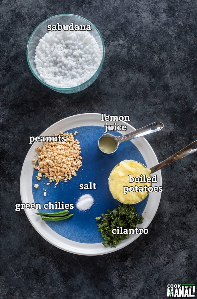 ingredients to make sabudana vada arranged on a board