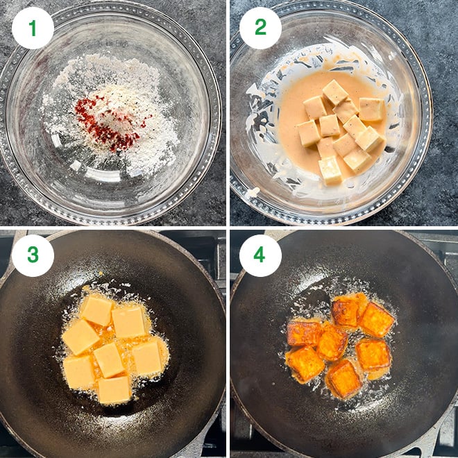 step by step picture collage of making schezwan paneer