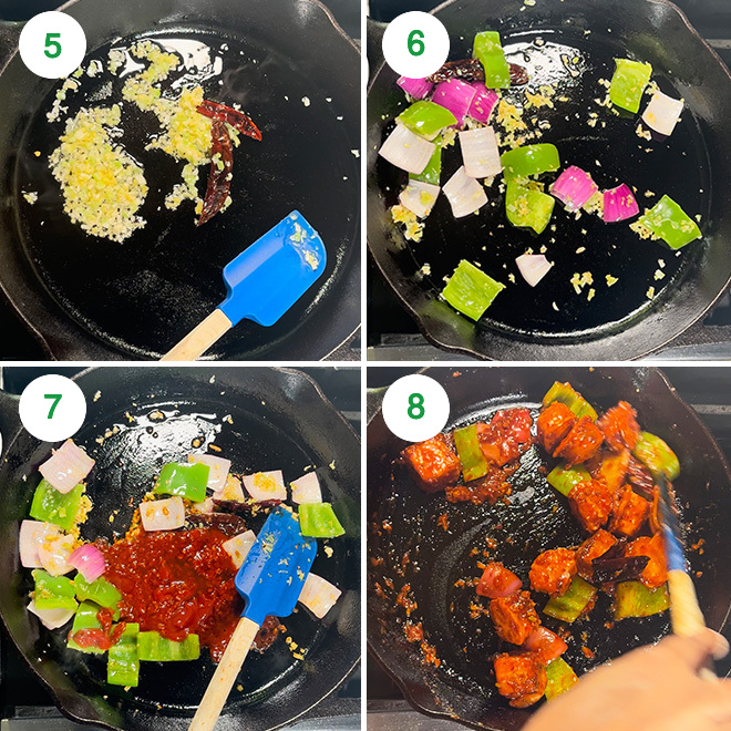 step by step picture collage of making schezwan paneer