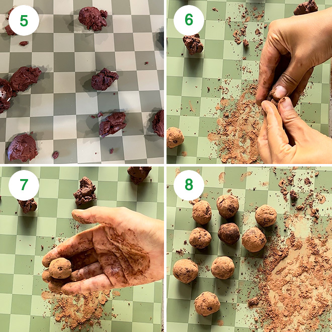 step by step picture collage of making chocolate truffle filled besan ladoo