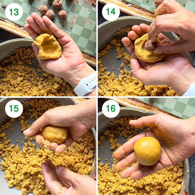 step by step picture collage of making chocolate truffle filled besan ladoo