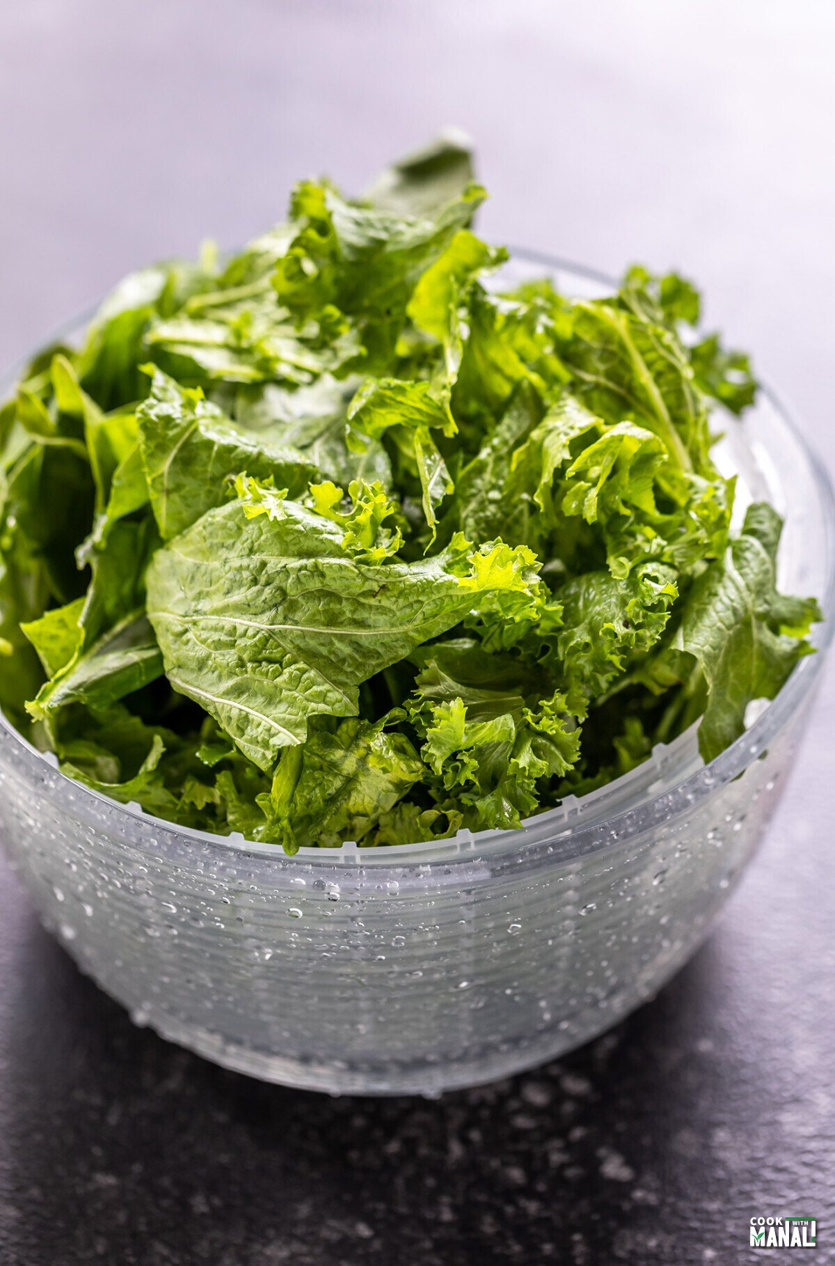 leafy greens in a salad spinner