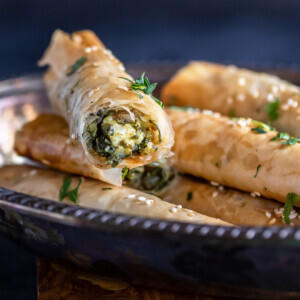 phyllo dough rolls filled with a paneer and spinach filling