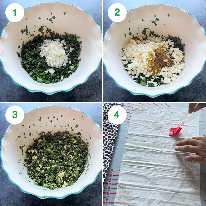 step by step picture collage of making palak paneer spanakopita rolls