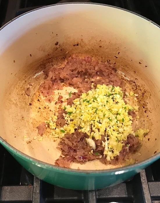 chopped ginger garlic added to pot