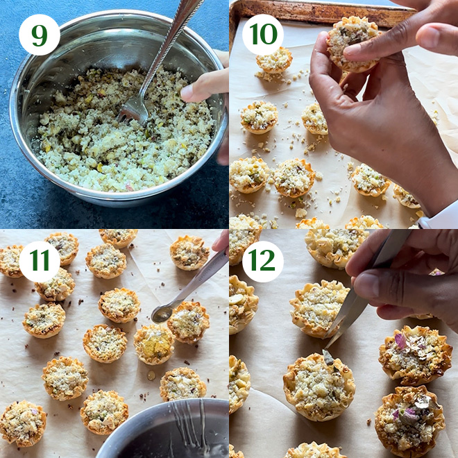 step by step picture collage of making coconut burfi baklava cups