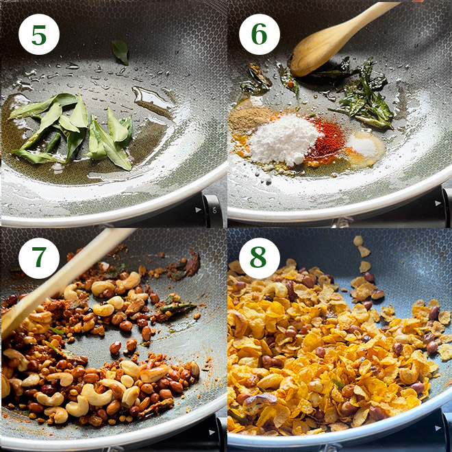 step by step picture collage of making cornflakes chivda