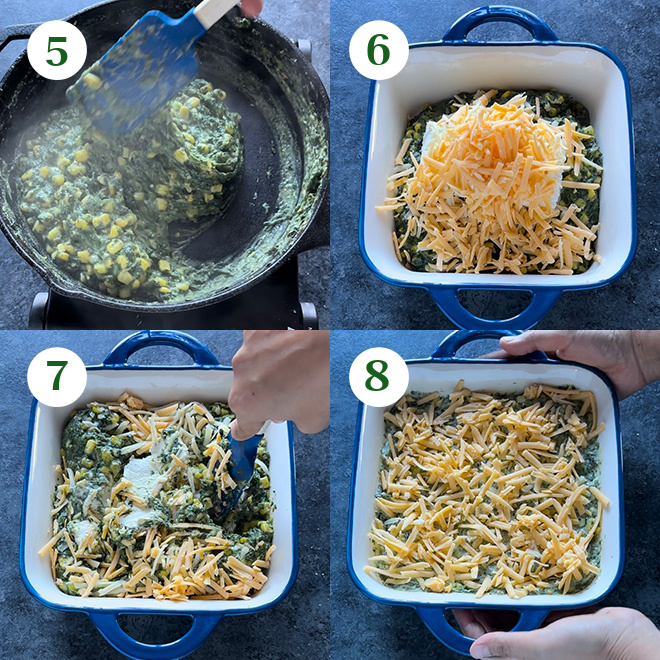 step by step picture collage of making spinach corn dip