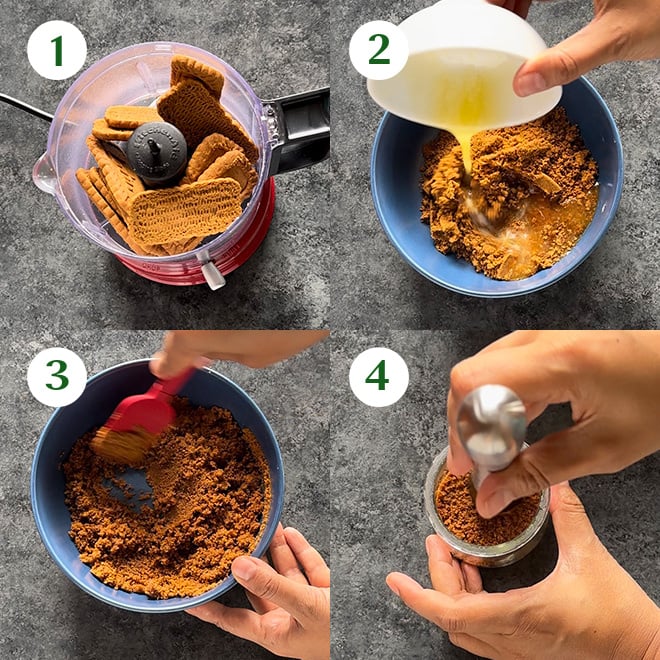 step by step picture collage of making biscoff pudding