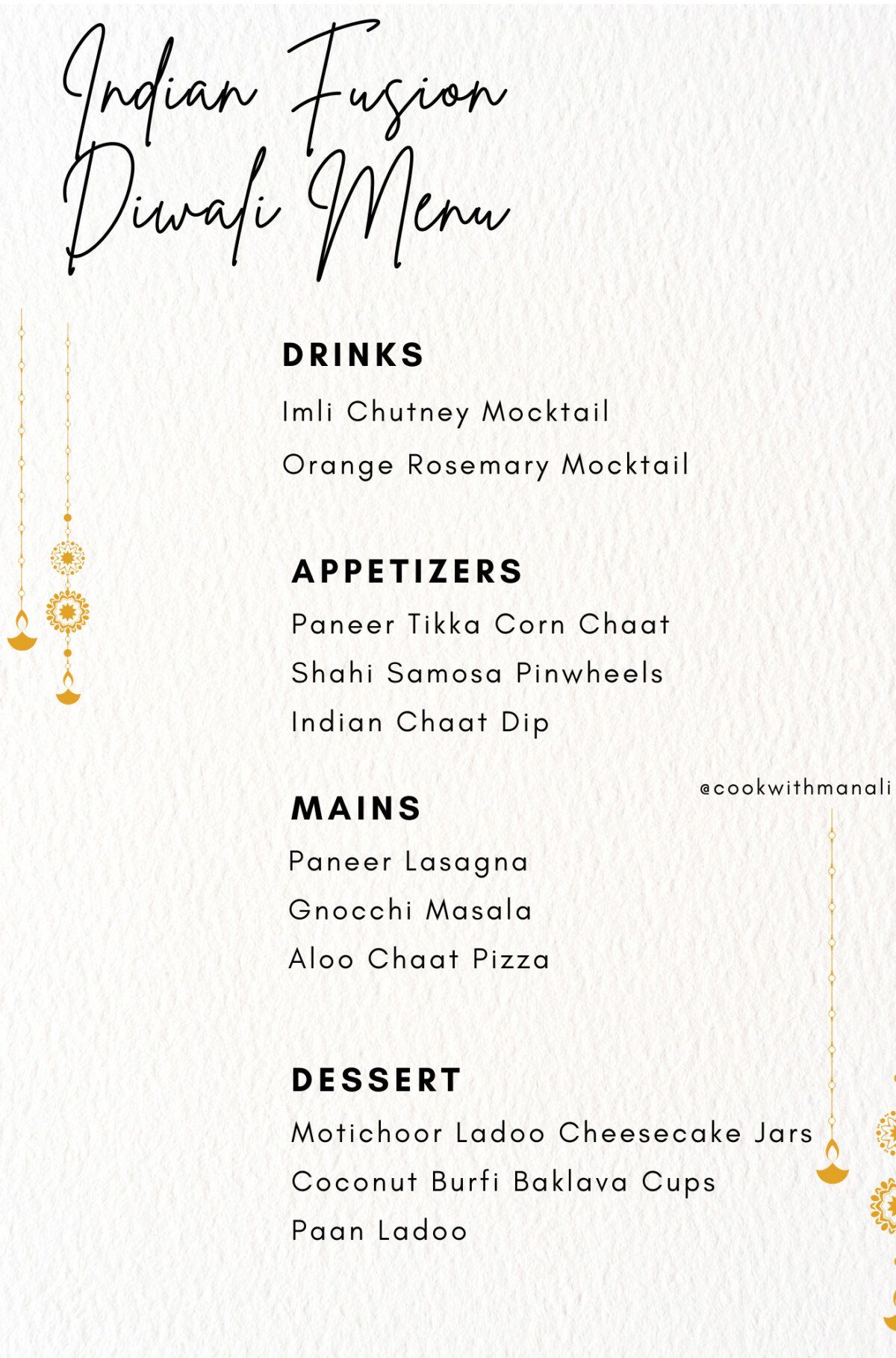 Indian fusion Diwali dinner menu