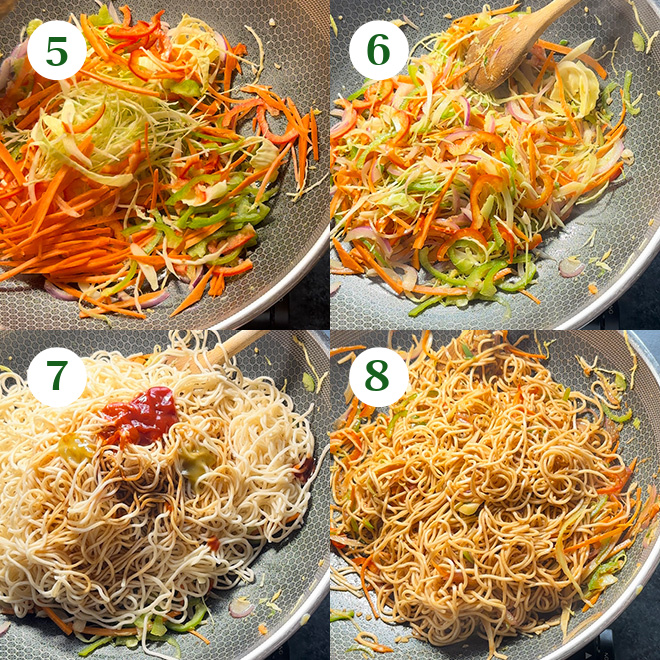 step by step picture collage of making veg chowmein at home