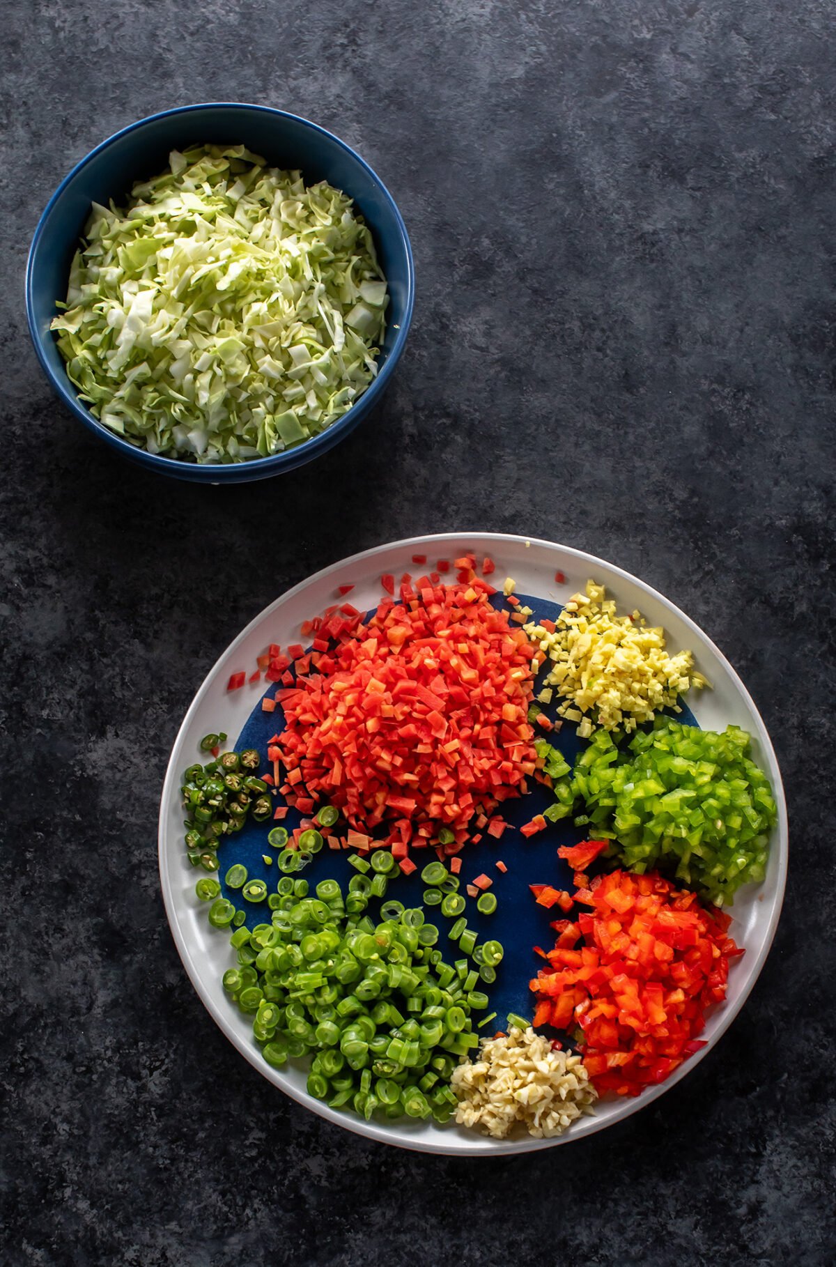 chopped vegetables arranged in a plate