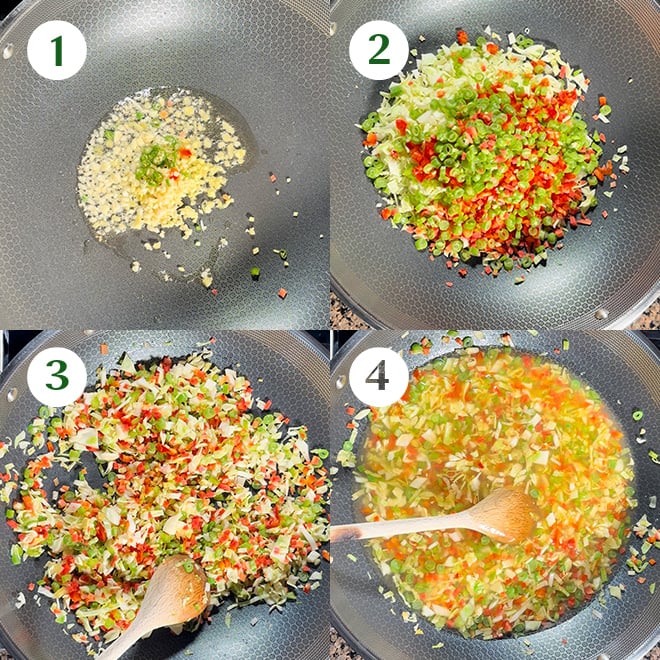 picture collage of making vegetarian hot and sour soup