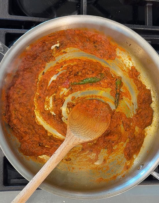 spices with tomatoes in a steel pan