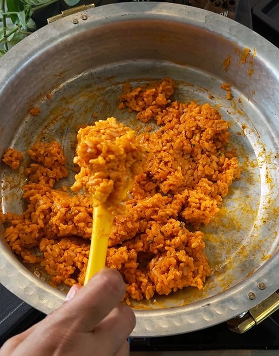 tomato flavored rice in pan