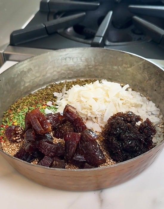 a plate with dates, candied fennel and desiccated coconut