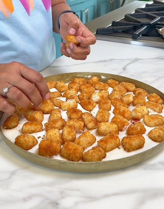 tater tots arranged in a plate over yogurt