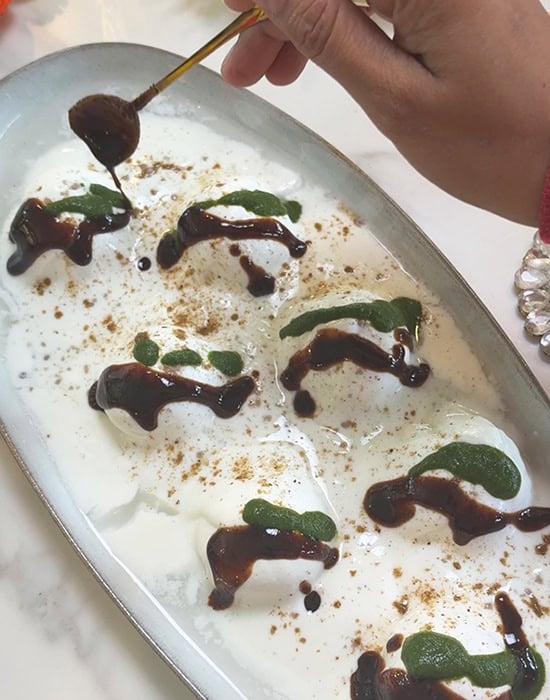 chaat topped with chutneys and spices